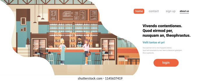 Waitress barista barman administrator staff pub interior ready to event concept flat horizontal banner copy space vector illustration