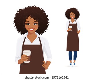 Waitress or barista. Smiling woman with afro hairstyle in black apron holding coffee cup isolated vector illustration