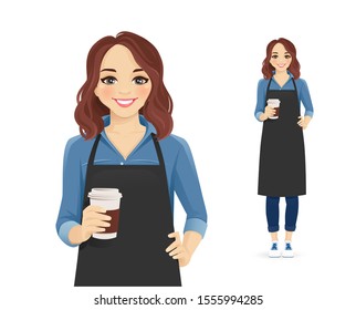 Waitress or barista. Smiling woman in black apron holding coffee cup isolated vector illustration