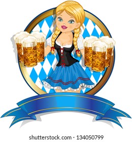 Waitress Bavaria wit beer mugs decorated-multiple levels-transparency blending effects and gradient mesh-EPS 10.