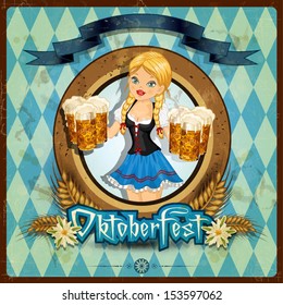 Waitress Bavaria wit beer mugs decorated-multiple levels-transparency blending effects and gradient mesh-Grunge effects can be removed 