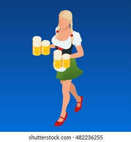 Waitress Bavaria wit beer mugs decorated. Isometric vector people. Oktoberfest celebration. 