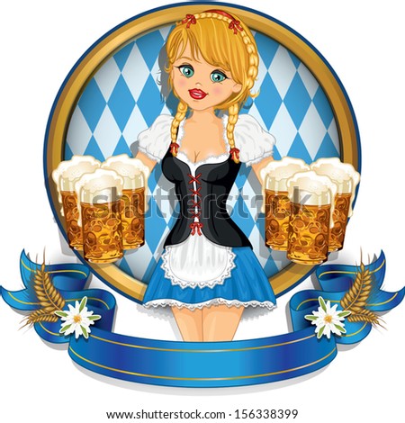 Waitress Bavaria wit beer mugs decorated-multiple levels-transparency blending effects and gradient mesh-EPS 10. 