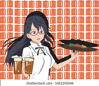 The waitress is a beautiful girl and panic expression carrying  plates of food. The girl pours cola beers. Cafeteria or cafe. Customer care