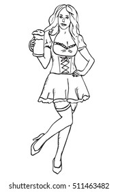 Waitress with beer, hand drawn doodle, sketch in pop art style, vector
