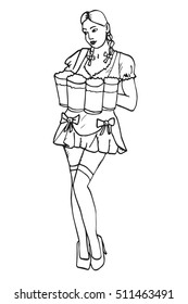 Waitress with beer, hand drawn doodle, sketch in pop art style, vector