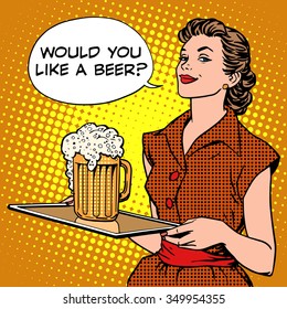 The waitress beer on a tray pop art retro style. Beer festival or a restaurant. Alcoholic beverages. Would you like a beer