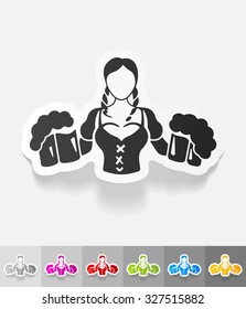 waitress with beer paper sticker with shadow. Vector illustration