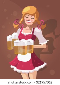 Waitress with beer in the pub. Vector illustration.
