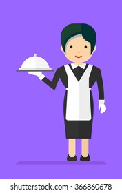 Waitress in a black dress  and a white apron carries food. Cartoon flat vector illustration.