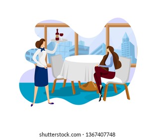 Waitress Bring Order to Female Customer in Stylish Restaurant with City View. Girl in Stuff Uniform Holding Tray with Bottle of Red Vine and Glass. Leisure Time. Cartoon Flat Vector Illustration. Icon