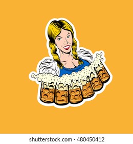 The waitress brings glasses of beer. Octoberfest. Hand drawn sketch, vector illustration
