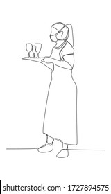 A waitress brings a tray of drinks to the customer. Continuous single line drawing vector illustration