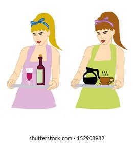 waitress brings vine, coffee order, Vector illustration isolated on a white background 