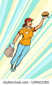 waitress Burger fast food delivery flying superhero help. Pop art retro vector illustration vintage kitsch