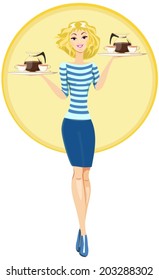 A waitress carries tea and coffee