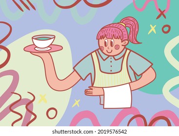 The waitress is carrying a dish on a tray
