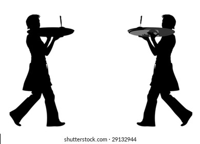 waitress  carrying platter ,two versions