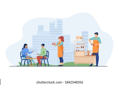 Waitress carrying takeaway coffee to customers in outdoor cafe. Coffee shop stand, stall, kiosk flat vector illustration. Street food, summer concept for banner, website design or landing web page