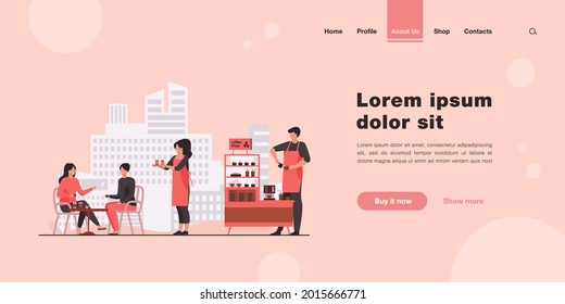 Waitress carrying takeaway coffee to customers in outdoor cafe. Coffee shop stand, stall, kiosk flat vector illustration. Street food, summer concept for banner, website design or landing web page