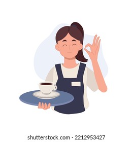 Waitress carrying a tray with coffee is doing  okay hand sign. Vector illustration.