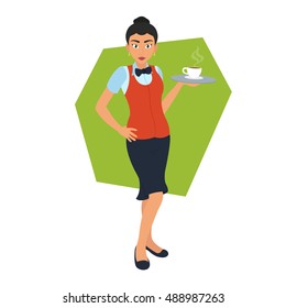 waitress carrying a tray with a cup of coffee. Waitress in uniform isolated on white background. vector illustration. waitress with a tray.