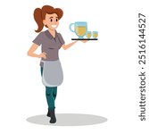 Waitress carrying tray in pub vector illustration. Employee in uniform. German restaurant, bar staff. Woman bringing order for customer. Octoberfest waitress. Beer, alcoholic beverage in bottle.