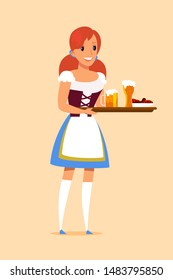 Waitress carrying tray in pub vector illustration. Employee in uniform. German restaurant, bar staff. Woman bringing order for customer. Octoberfest waitress. Beer, alcoholic beverage in bottle