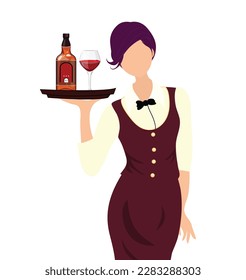 Waitress carrying tray in pub vector illustration. Employee in uniform. restaurant, bar staff. Woman bringing order for customer. Octoberfest waitress. Beer, alcoholic beverage in bottle.