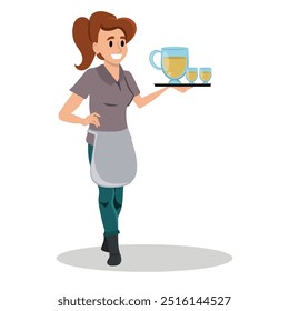 Waitress carrying tray in pub vector illustration. Employee in uniform. German restaurant, bar staff. Woman bringing order for customer. Octoberfest waitress. Beer, alcoholic beverage in bottle.