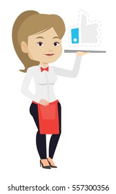 Waitress carrying tray with social network like button. Waitress holding tray with like button. Waitress with social network like button. Vector flat design illustration isolated on white background.