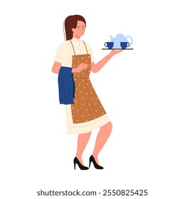 Waitress carrying tray with teapot and cups, girl with apron and towel vector illustration