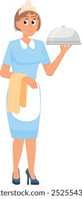 Waitress cartoon character. Woman serving food in tray