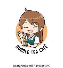 Waitress cartoon girl holding bubble tea drinks with ok hand sign logo mascot template