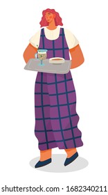 Waitress character carrying platter with cup of coffee and dessert. Woman wearing apron holding drink and sweet food. Professional cafe worker going with beverage and dish isolated on white vector