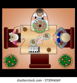 The waitress with clients in cafe. Vector illustration.