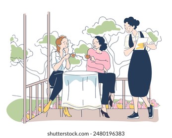 Waitress with clients concept. Two women sitting with cups of hot drinks. Clients with tea or coffee sits at cafe or restaurant. Catering service worker. Linear flat vector illustration