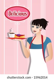 Waitress with coffee and cake. Plus extra logo. Vector. For more vectors visit my gallery.