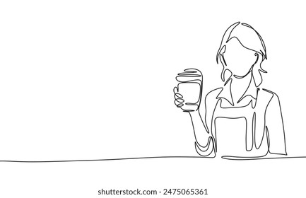 Waitress coffee take away one line continuous. Woman with coffee take away line art. Hand drawn vector art.