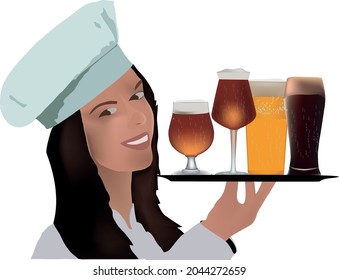 waitress cook with hat tray of beers