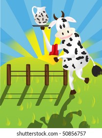 waitress cow serves fresh milk in the farm