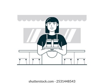 Garçonete está entregando ordem de café ao cliente, trabalhando no café. Design de caracteres. Ilustração em plano vetorial