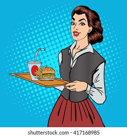 Waitress with Fast Food. Woman Holding a Tray with Burger and Fries. Pop Art. Vector illustration