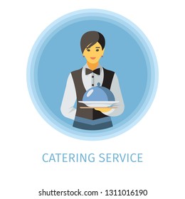 Waitress flat vector character. Catering service illustration. Woman holding serving tray with lid. Butler, servant, waiter clipart. Luxury cafe, restaurant, bar isolated cartoon design element