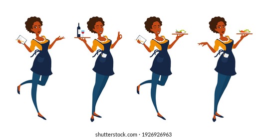 A waitress girl takes orders, brings drinks and food. A woman waiter working at a restaurant. A vector cartoon illustration.