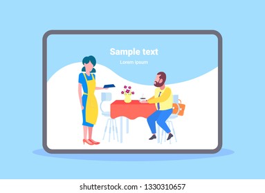 waitress giving bill or check for businessman to pay money in cafe business man sitting at table drinking coffee modern restaurant interior horizontal full length flat copy space