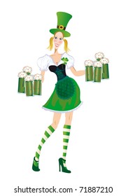 waitress with glasses of green beer in the day of Patrick'sday on a white background