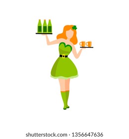 Waitress in Green Irish Traditional Costume with Mugs and Bottles of Beer on Tray, Girl Celebrating Saint Patrick Day Vector Illustration