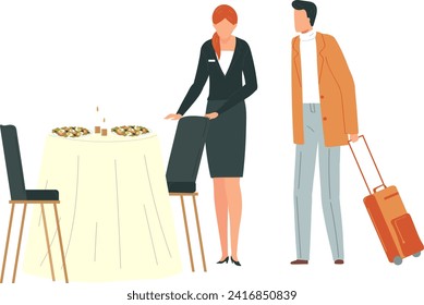 Waitress greeting male guest with suitcase at restaurant. Man arriving at hotel dining area with luggage. Hospitality and customer service concept vector illustration.