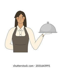 Waitress hold dish closed with cloche. Vector flat cartoon illustration